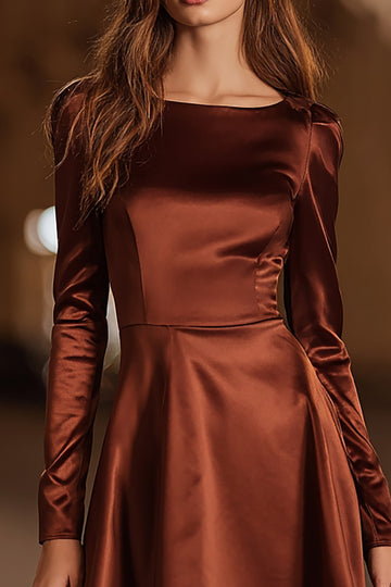 Coffee Long Sleeve A-Line Satin Mini Party Dress